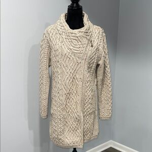 Aran Mor Long Claddagh Side Zip Cardigan Tan Chunky Knit Merino Wool Size Large